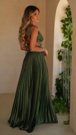 Olive Cut-Out Crossover Pleated Maxi Dress