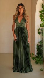 Olive Cut-Out Crossover Pleated Maxi Dress