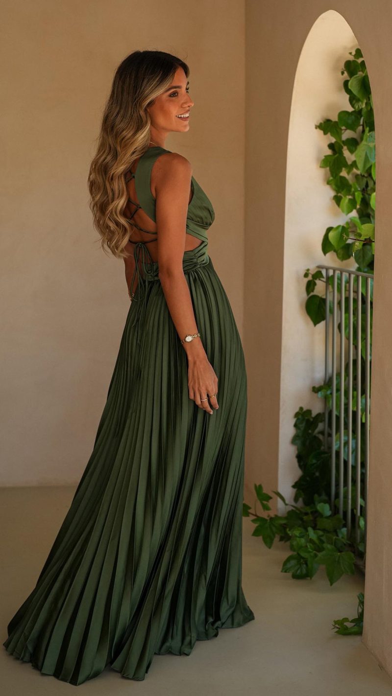 Olive Cut-Out Crossover Pleated Maxi Dress