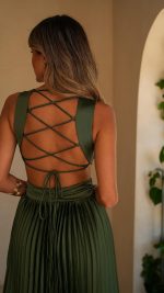 Olive Cut-Out Crossover Pleated Maxi Dress
