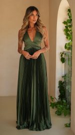 Olive Cut-Out Crossover Pleated Maxi Dress