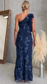 Navy Appliqué Ruffle Cut-Out One-Shoulder Maxi Dress