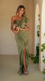 SOFT OLIVA Cascading Ruffle Wrap Slit Maxi Dress