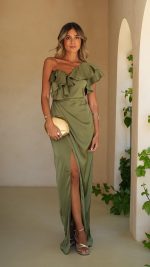 SOFT OLIVA Cascading Ruffle Wrap Slit Maxi Dress