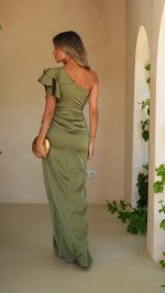 SOFT OLIVA Cascading Ruffle Wrap Slit Maxi Dress