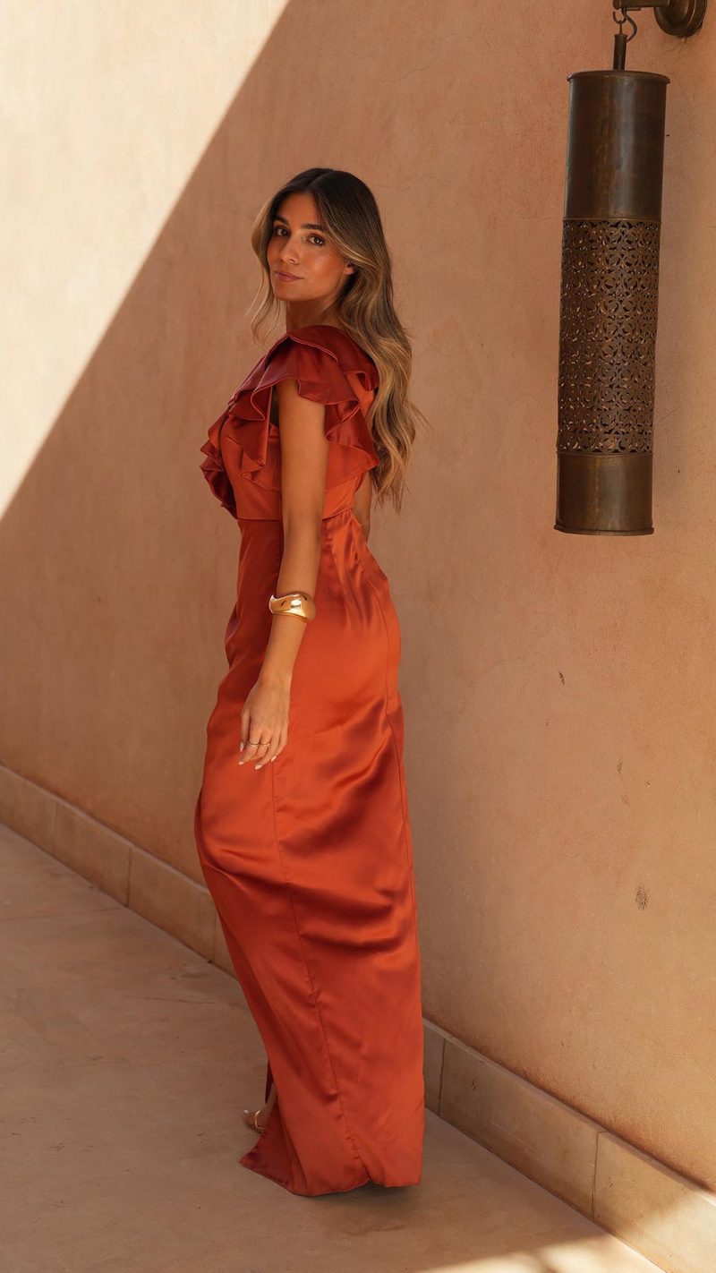 TIJOLO Cascading Ruffle Wrap Slit Maxi Dress