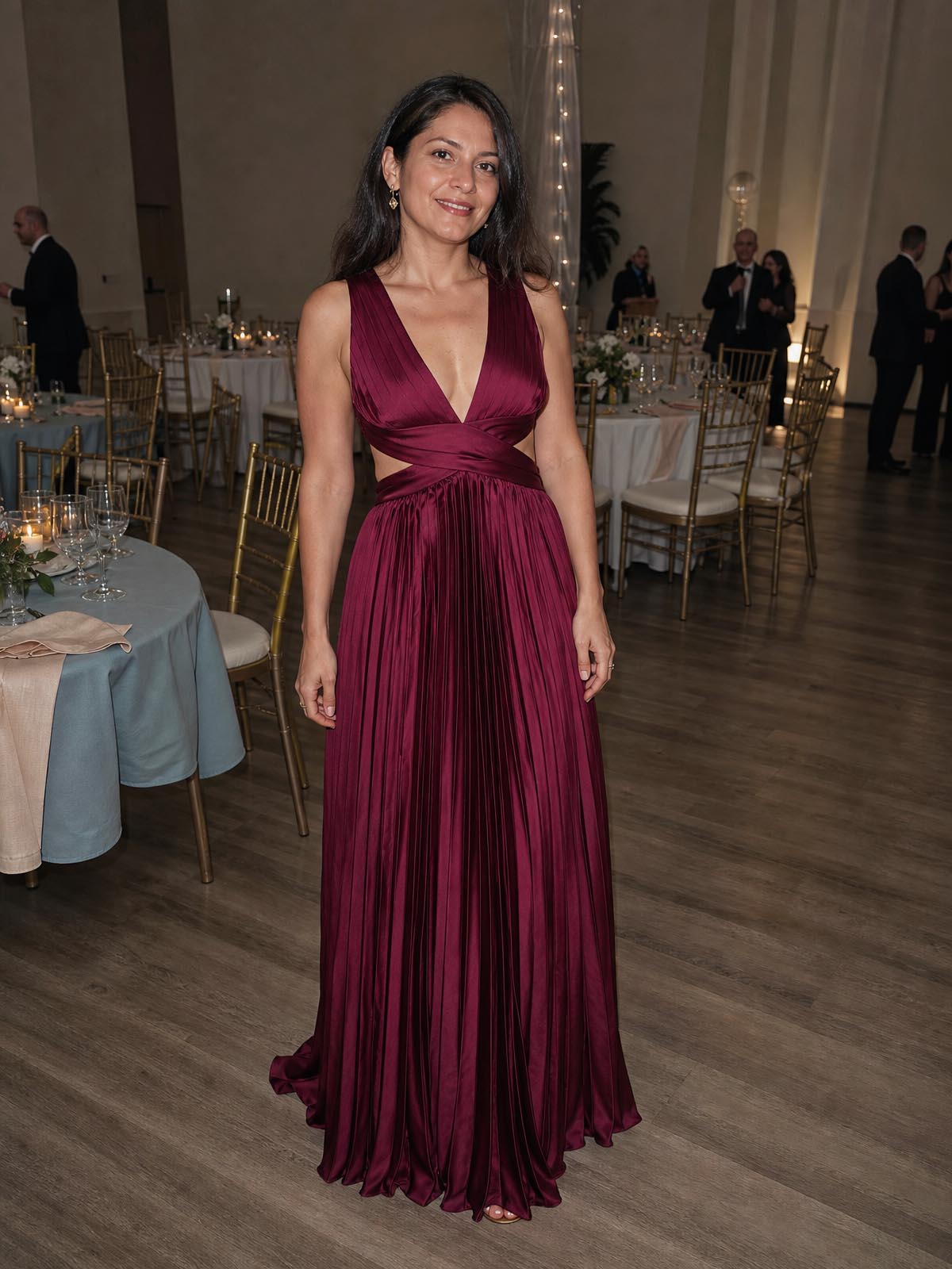 Customer review image for Toperth Burgundy Crossover V-Neck Cut-Out Pleated Maxi Dress