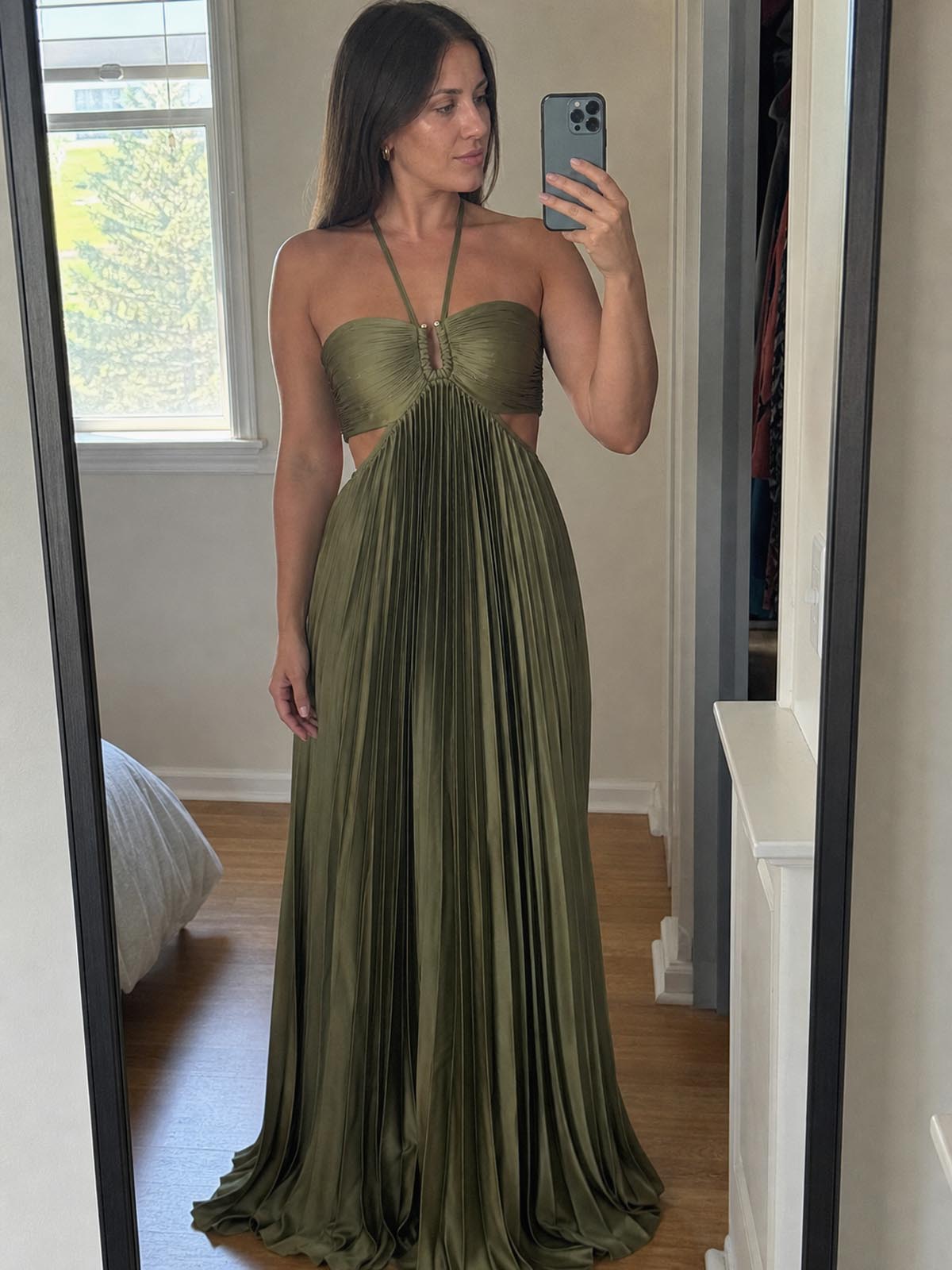 Customer review image for Toperth Olive Keyhole Ruched-Cup Open-Back Cutout Maxi Dress
