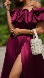 BORDÔ Off-Shoulder Ruffle Slit Maxi Dress