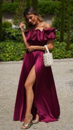 BORDÔ Off-Shoulder Ruffle Slit Maxi Dress