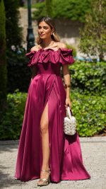 BORDÔ Off-Shoulder Ruffle Slit Maxi Dress