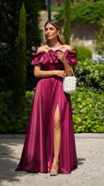 BORDÔ Off-Shoulder Ruffle Slit Maxi Dress