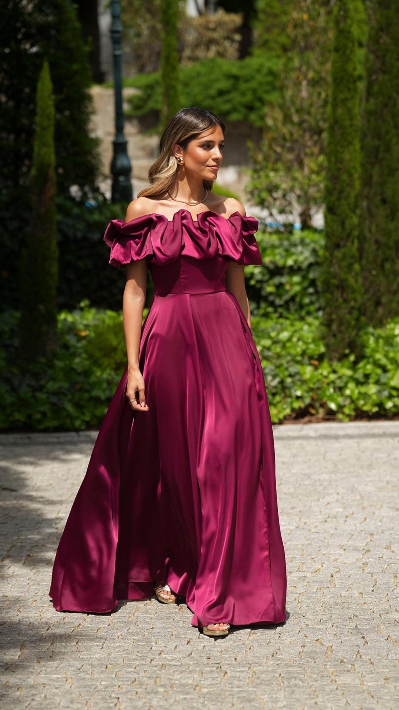 BORDÔ Off-Shoulder Ruffle Slit Maxi Dress