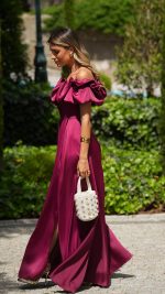 BORDÔ Off-Shoulder Ruffle Slit Maxi Dress