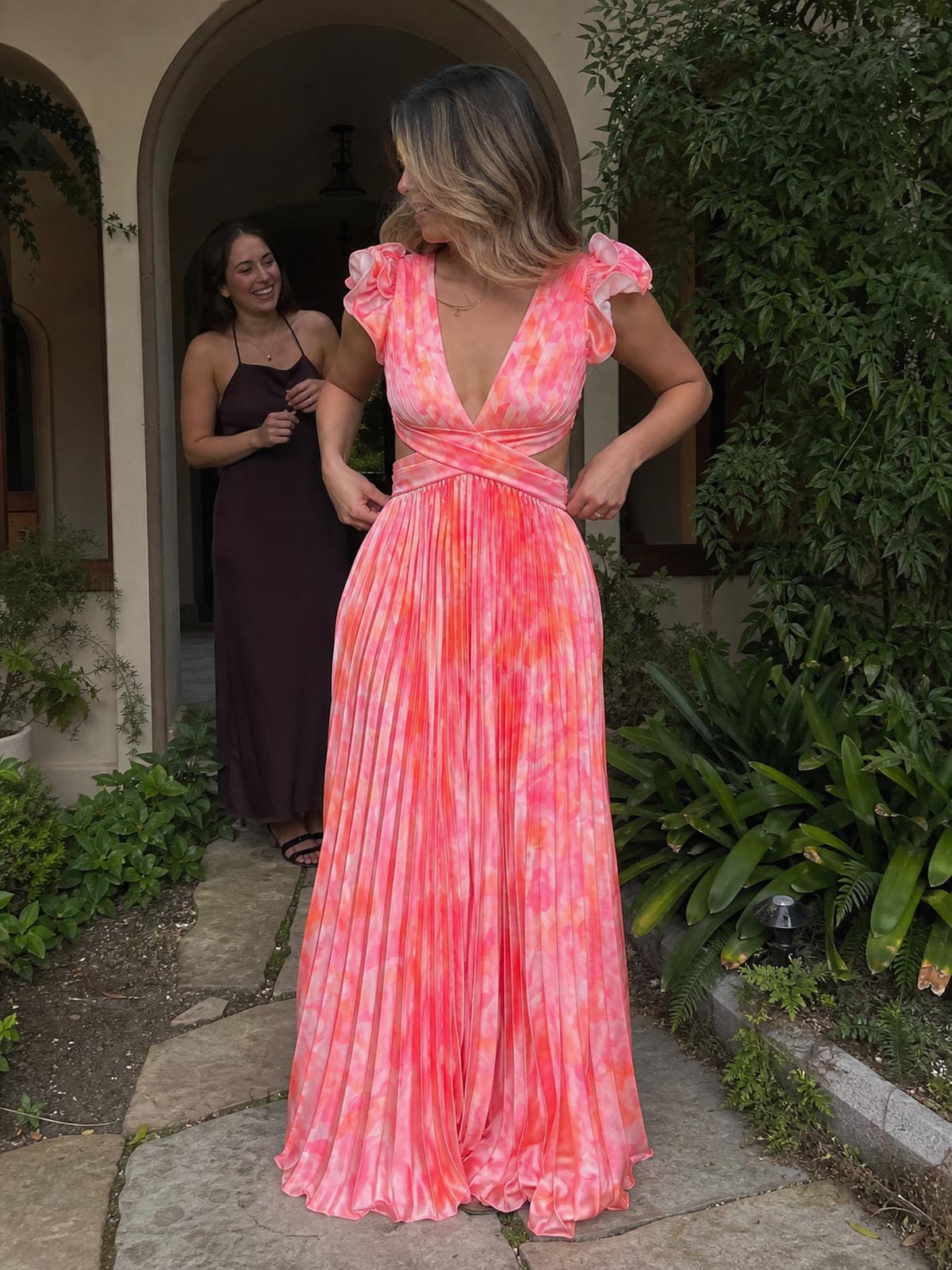 Customer review image for Toperth Floral Ruffle Shoulder V-Neck Pleated Maxi Dress