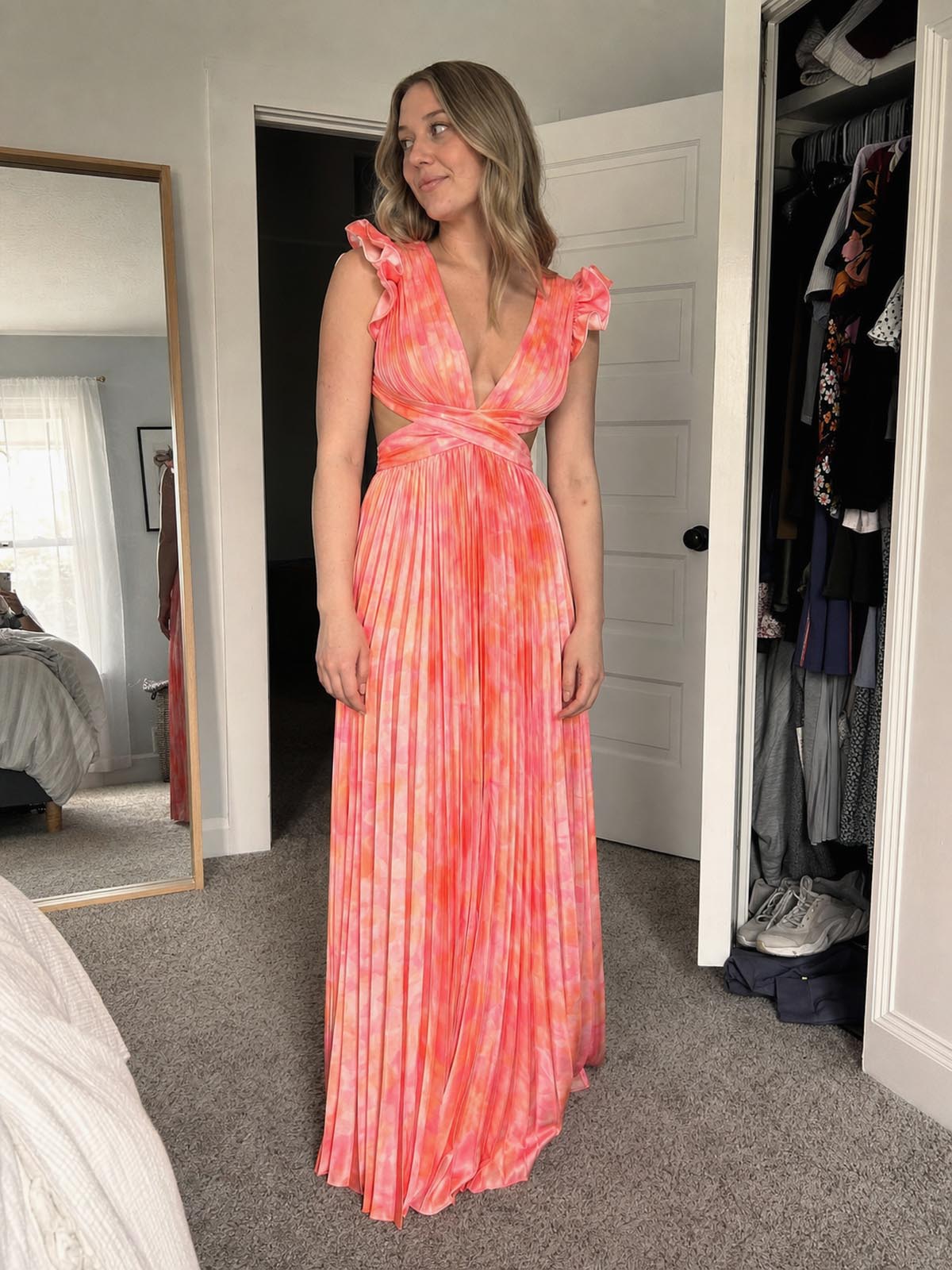 Customer review image for Toperth Floral Ruffle Shoulder V-Neck Pleated Maxi Dress