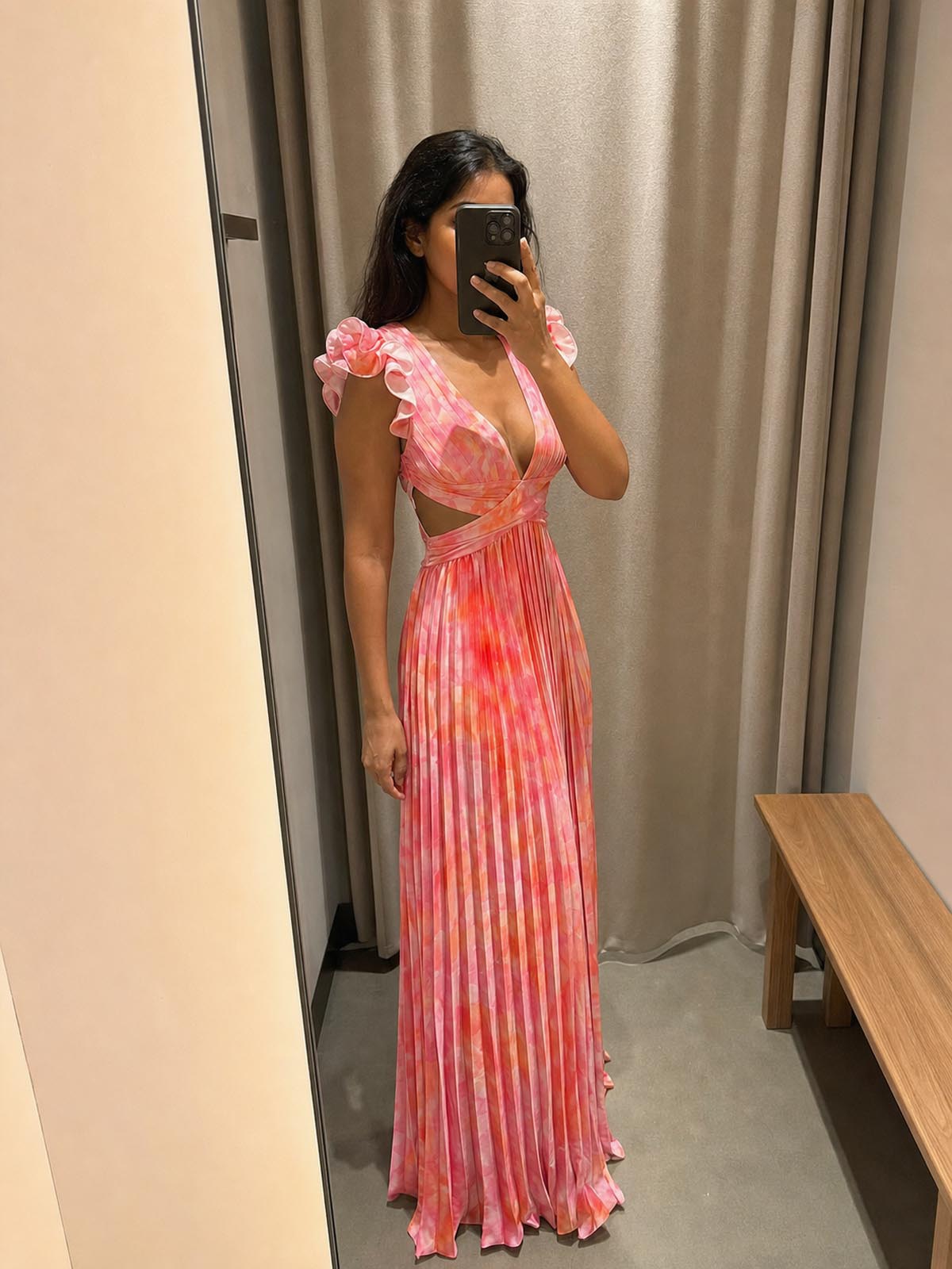 Customer review image for Toperth Floral Ruffle Shoulder V-Neck Pleated Maxi Dress