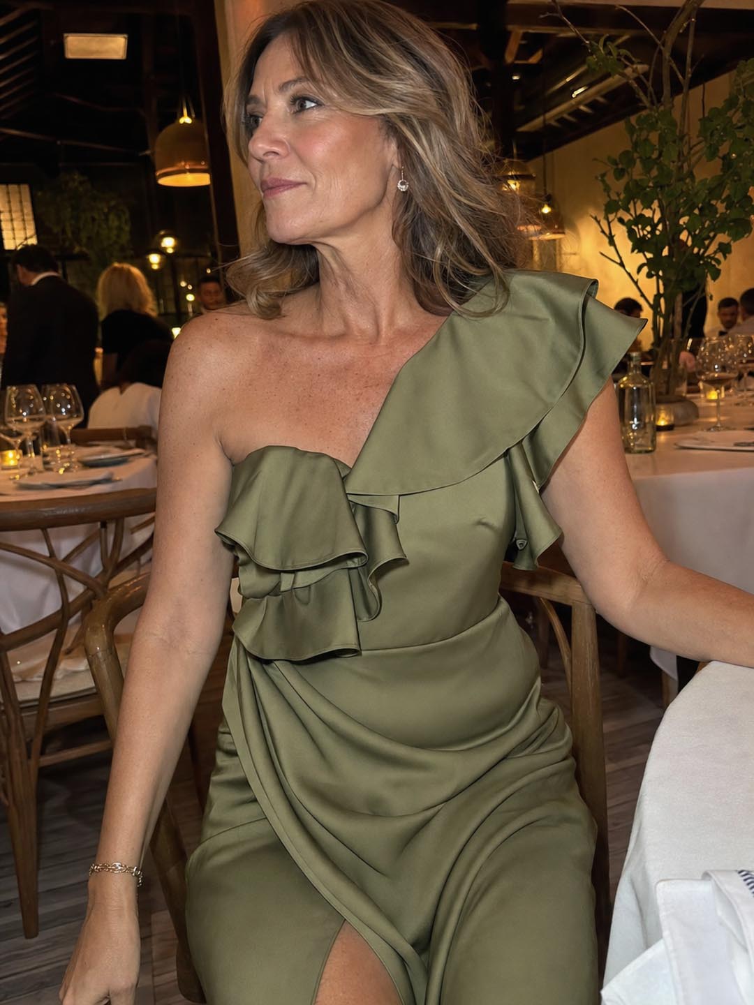 Customer review image for Toperth Olive Cascading Ruffle Wrap Slit Maxi Dress