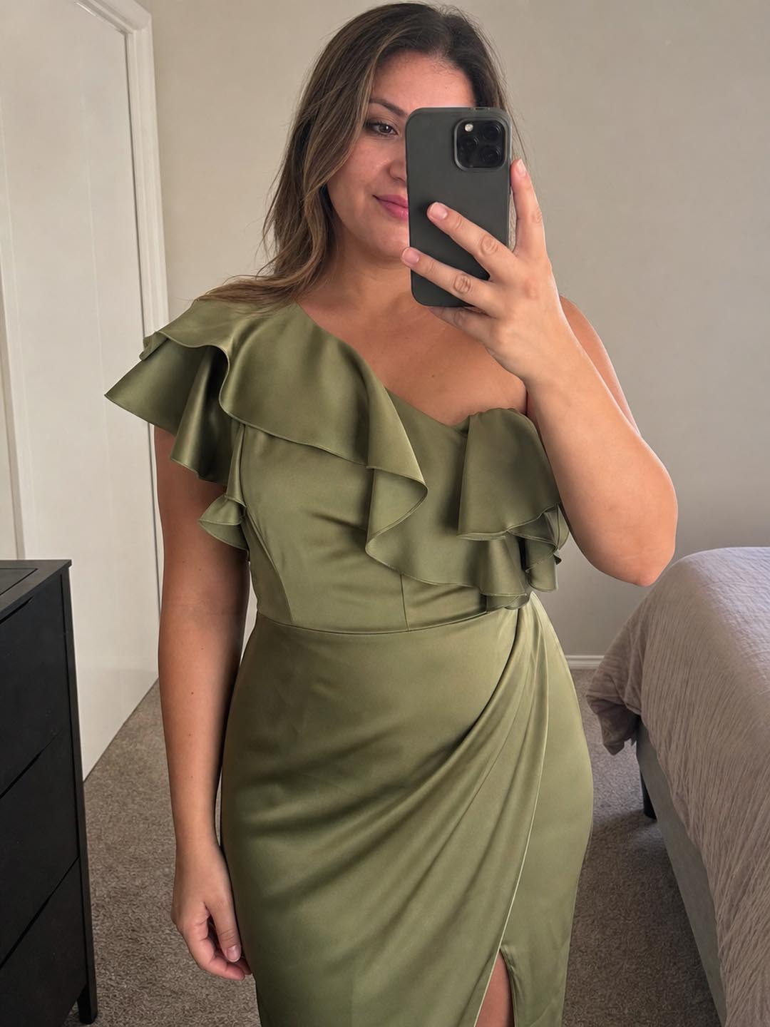 Customer review image for Toperth Olive Cascading Ruffle Wrap Slit Maxi Dress