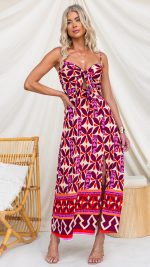 Plum/Red Tie-Front Split Cutout Printed Midi Dress