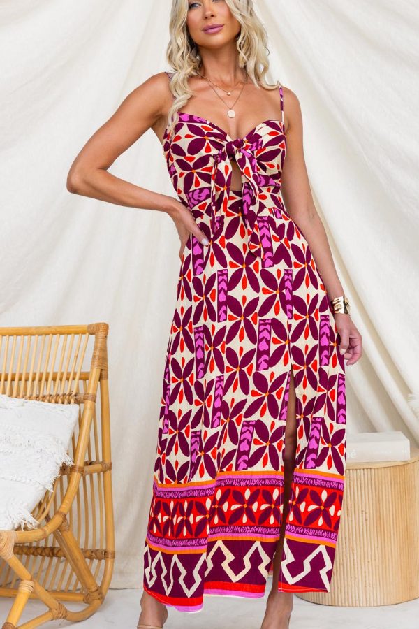 Plum/Red Tie-Front Split Cutout Printed Midi Dress