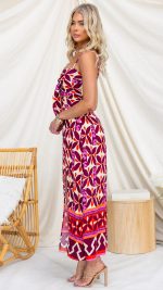 Plum/Red Tie-Front Split Cutout Printed Midi Dress