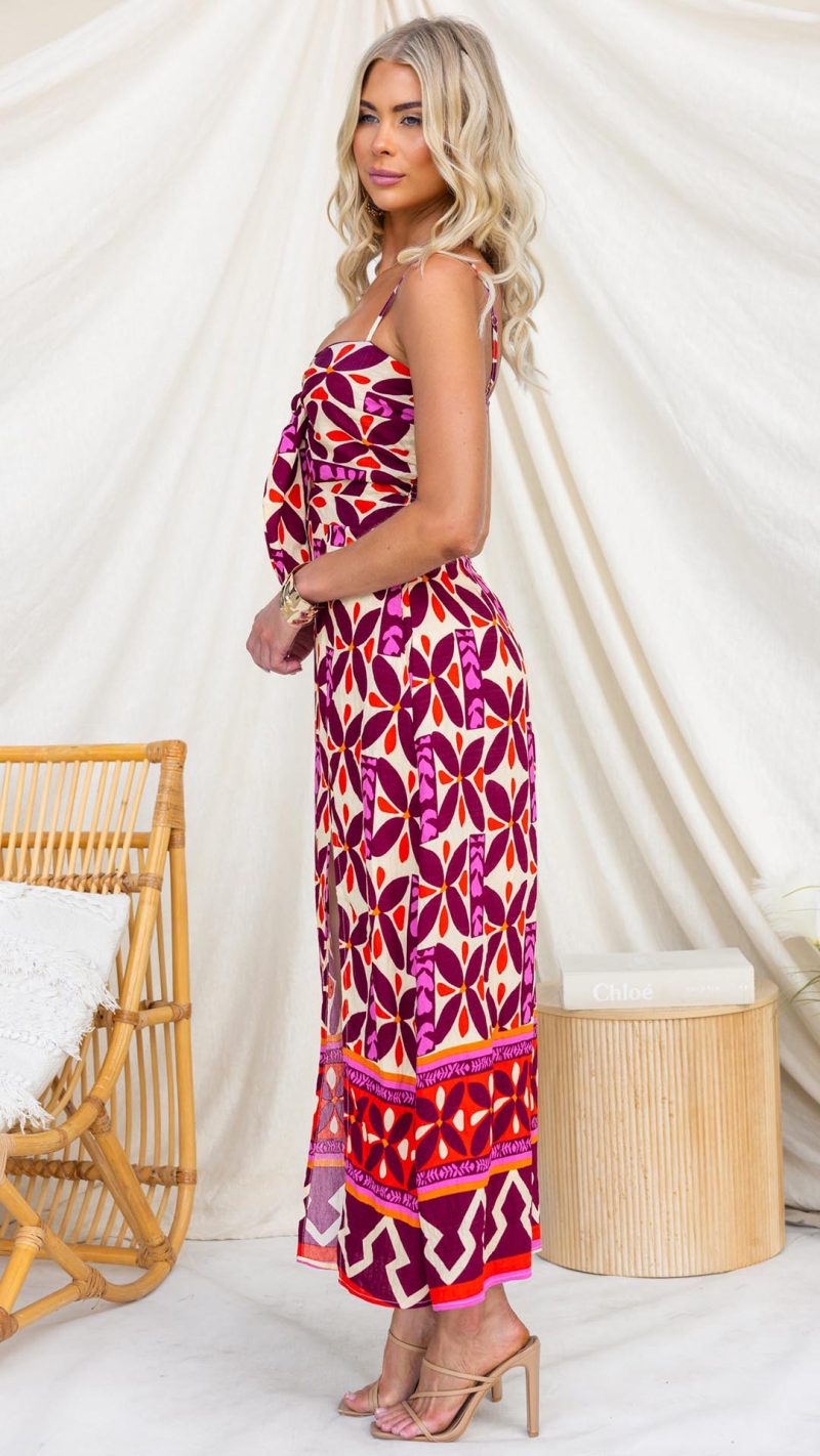 Plum/Red Tie-Front Split Cutout Printed Midi Dress
