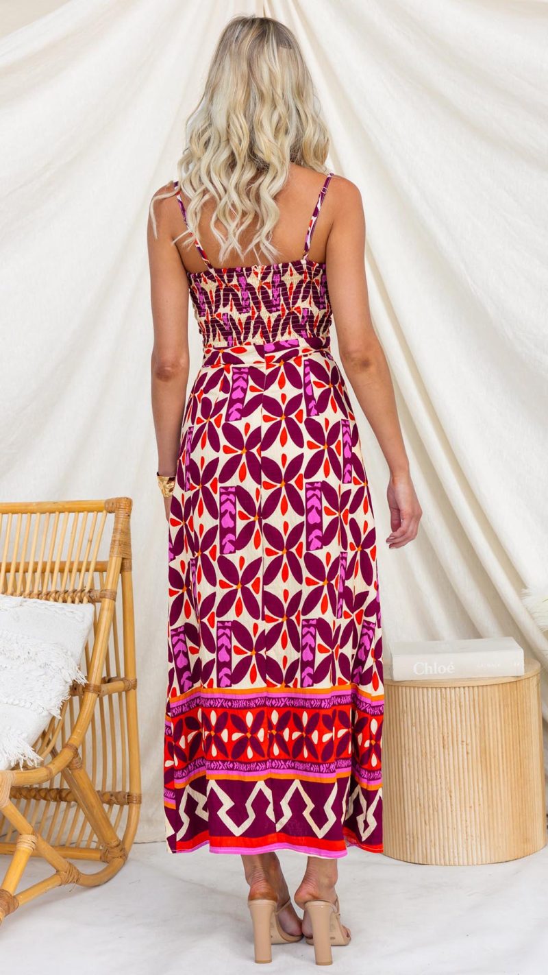 Plum/Red Tie-Front Split Cutout Printed Midi Dress