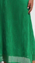 Green Open-Work Crochet Knit A-Line Maxi Dress