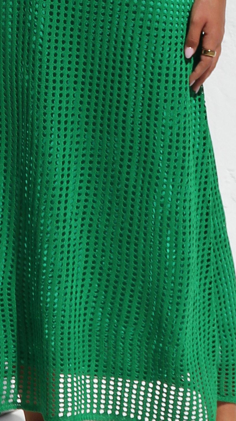 Green Open-Work Crochet Knit A-Line Maxi Dress