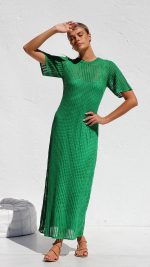 Green Open-Work Crochet Knit A-Line Maxi Dress