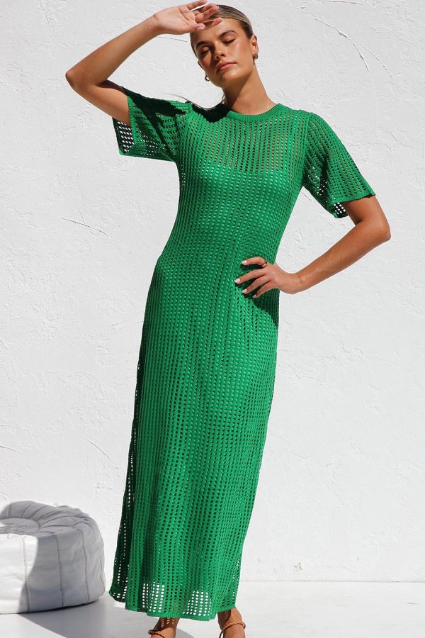 Green Open-Work Crochet Knit A-Line Maxi Dress