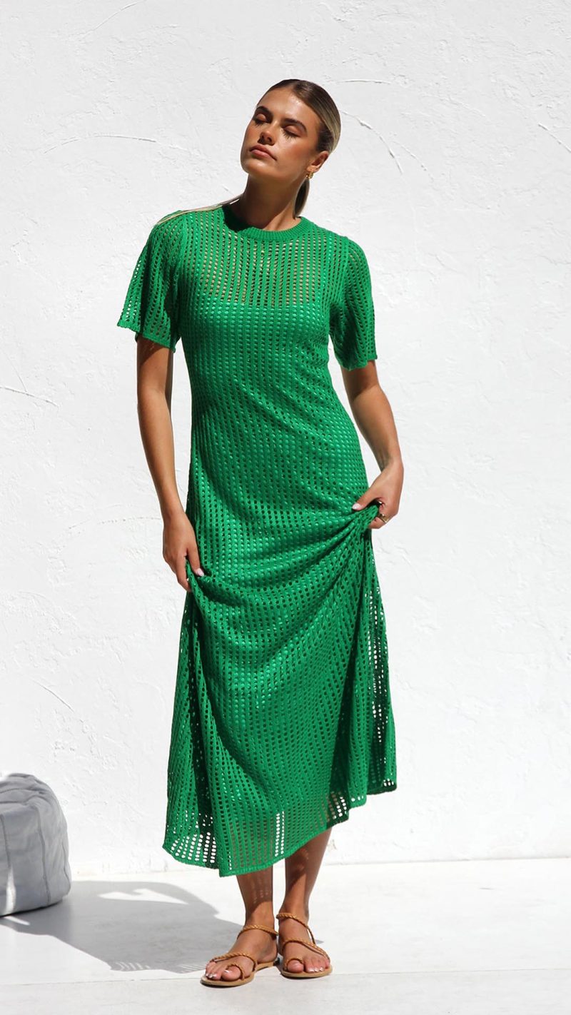 Green Open-Work Crochet Knit A-Line Maxi Dress