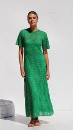 Green Open-Work Crochet Knit A-Line Maxi Dress
