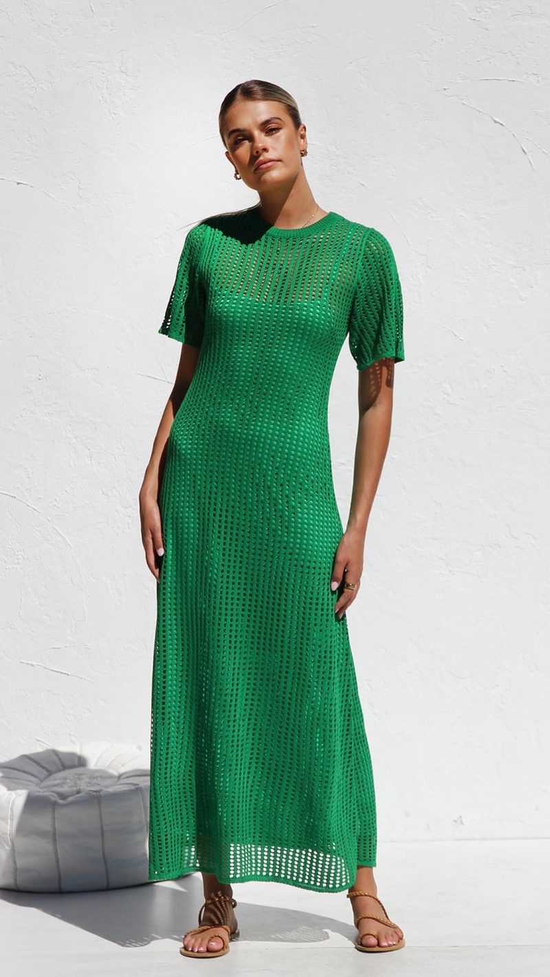Green Open-Work Crochet Knit A-Line Maxi Dress