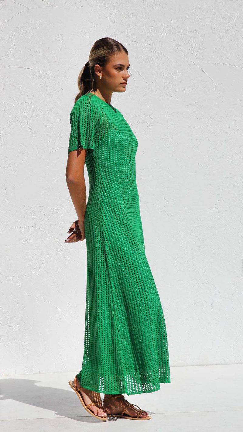 Green Open-Work Crochet Knit A-Line Maxi Dress