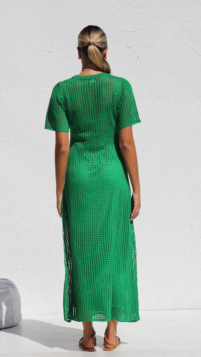 Green Open-Work Crochet Knit A-Line Maxi Dress