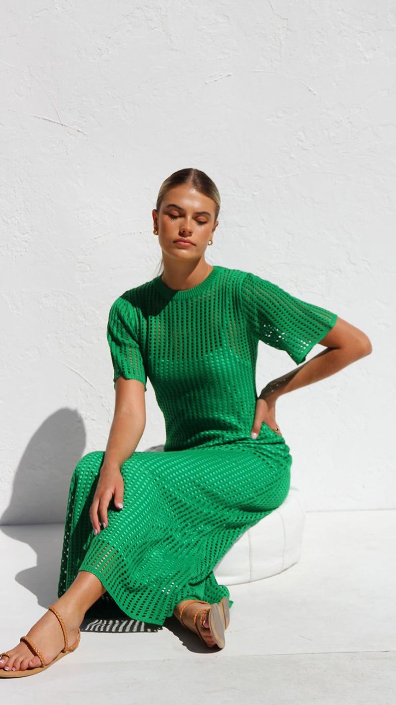 Green Open-Work Crochet Knit A-Line Maxi Dress