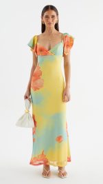 Coral Floral Flutter-Sleeve Maxi Dress