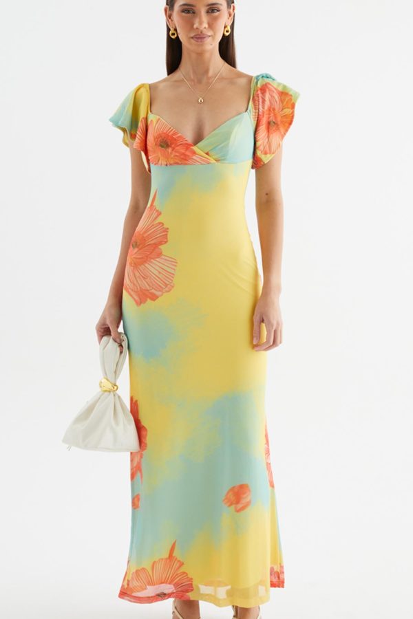Coral Floral Flutter-Sleeve Maxi Dress