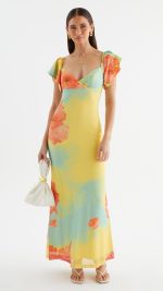 Coral Floral Flutter-Sleeve Maxi Dress