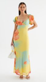 Coral Floral Flutter-Sleeve Maxi Dress