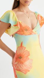 Coral Floral Flutter-Sleeve Maxi Dress