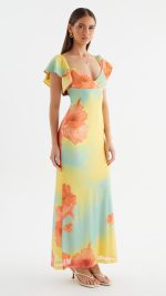 Coral Floral Flutter-Sleeve Maxi Dress