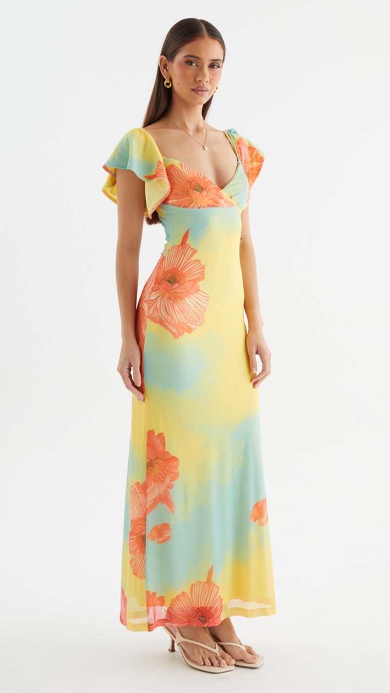 Coral Floral Flutter-Sleeve Maxi Dress