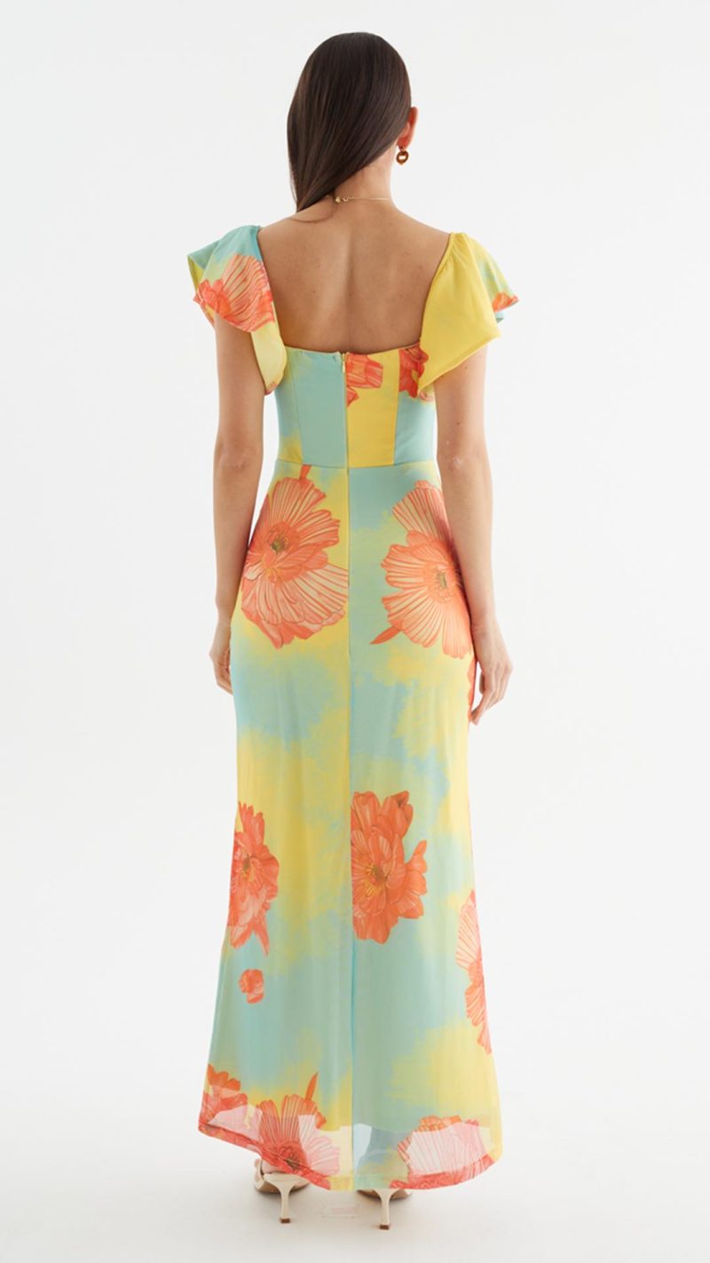 Coral Floral Flutter-Sleeve Maxi Dress