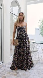 Black Floral Strapless Lace-Up Back Maxi Dress