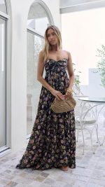 Black Floral Strapless Lace-Up Back Maxi Dress