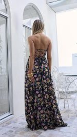 Black Floral Strapless Lace-Up Back Maxi Dress