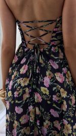 Black Floral Strapless Lace-Up Back Maxi Dress